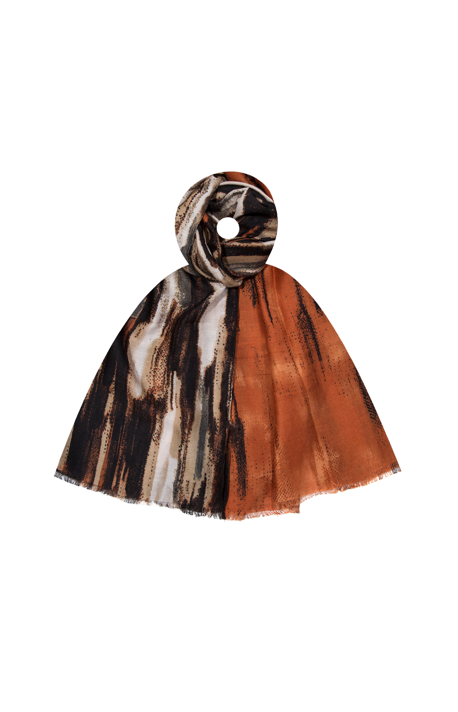 Multicolored scarf with black, white, and orange pattern on a white background