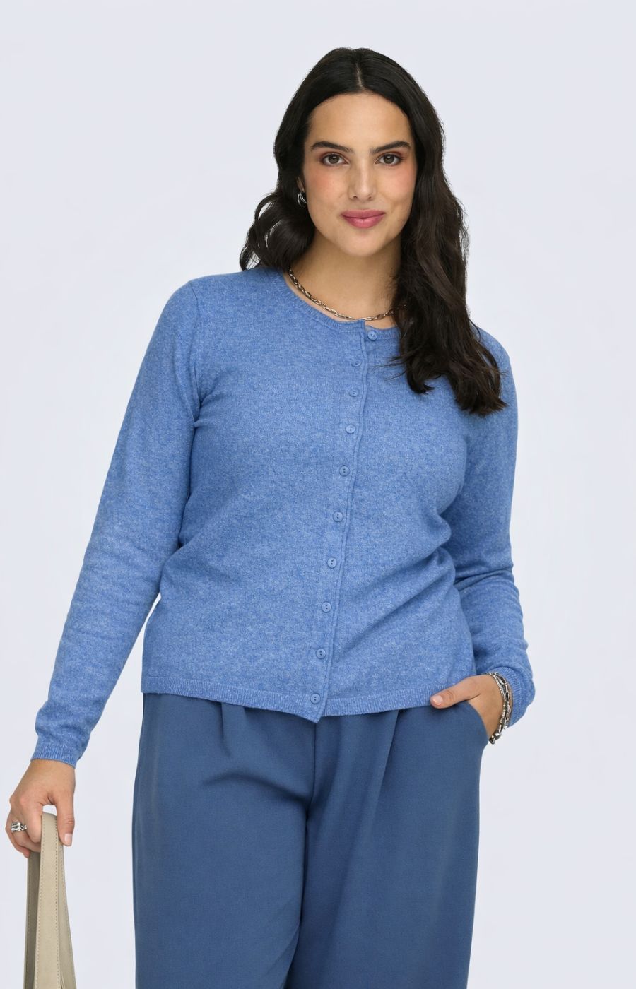 Only Carmakoma Loyal Cardigan in Blue , a button up cardigan with a round neckline and long sleeves