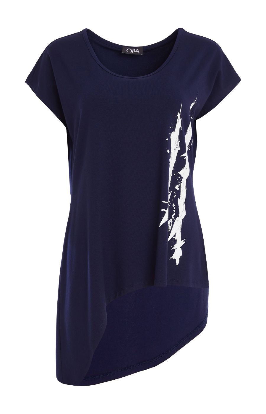 Ora Longline Top in Navy, a long line navy T-shirt with short sleeves, round neckline, curved, asymmetrical hem, with a white design to the side