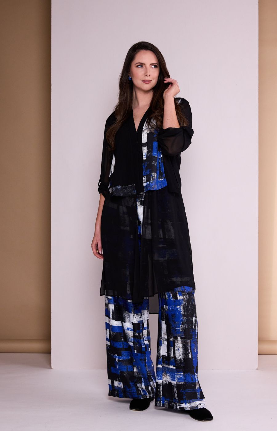 Ora Longline Top with Chiffon in Blue