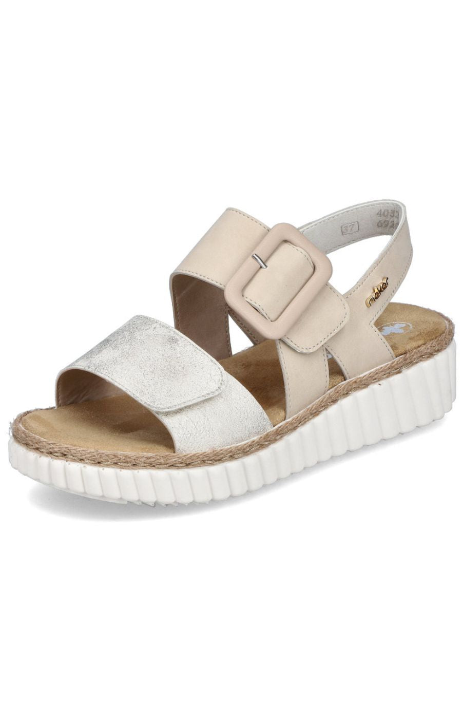 Rieker Buckle Wedge Sandal in Beige