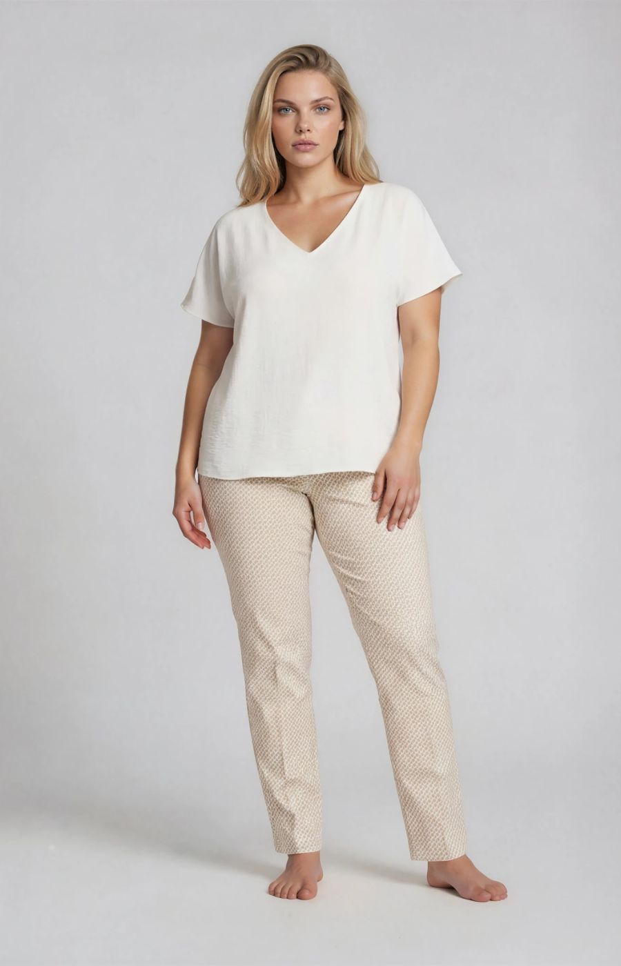 Robell Bella 09 Trousers in Beige Print, a beige and white geo print trousers