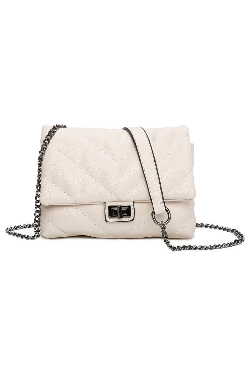 White quilted handbag with a chain strap on a white background