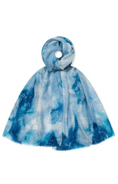 Sue Scarf in Blue Ombre, a blue marle design scarf with glitter