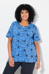 Ulla Popken Abstract Floral T-Shirt in Blue