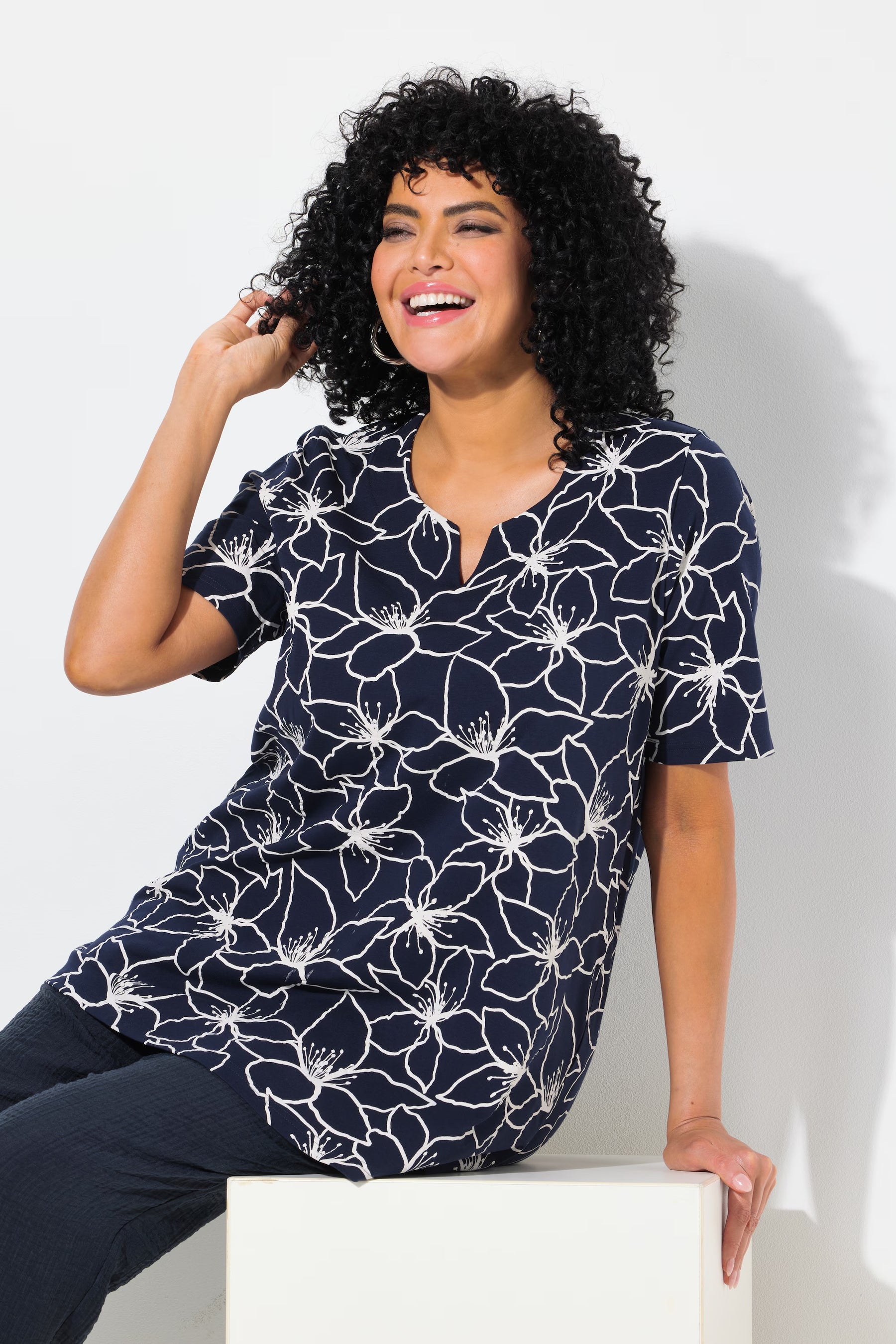 Ulla Popken Abstract Floral T-Shirt in Navy