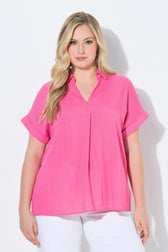 Ulla Popken Back Button Blouse in Pink