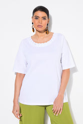 Ulla Popken Braided Neck T-Shirt in White