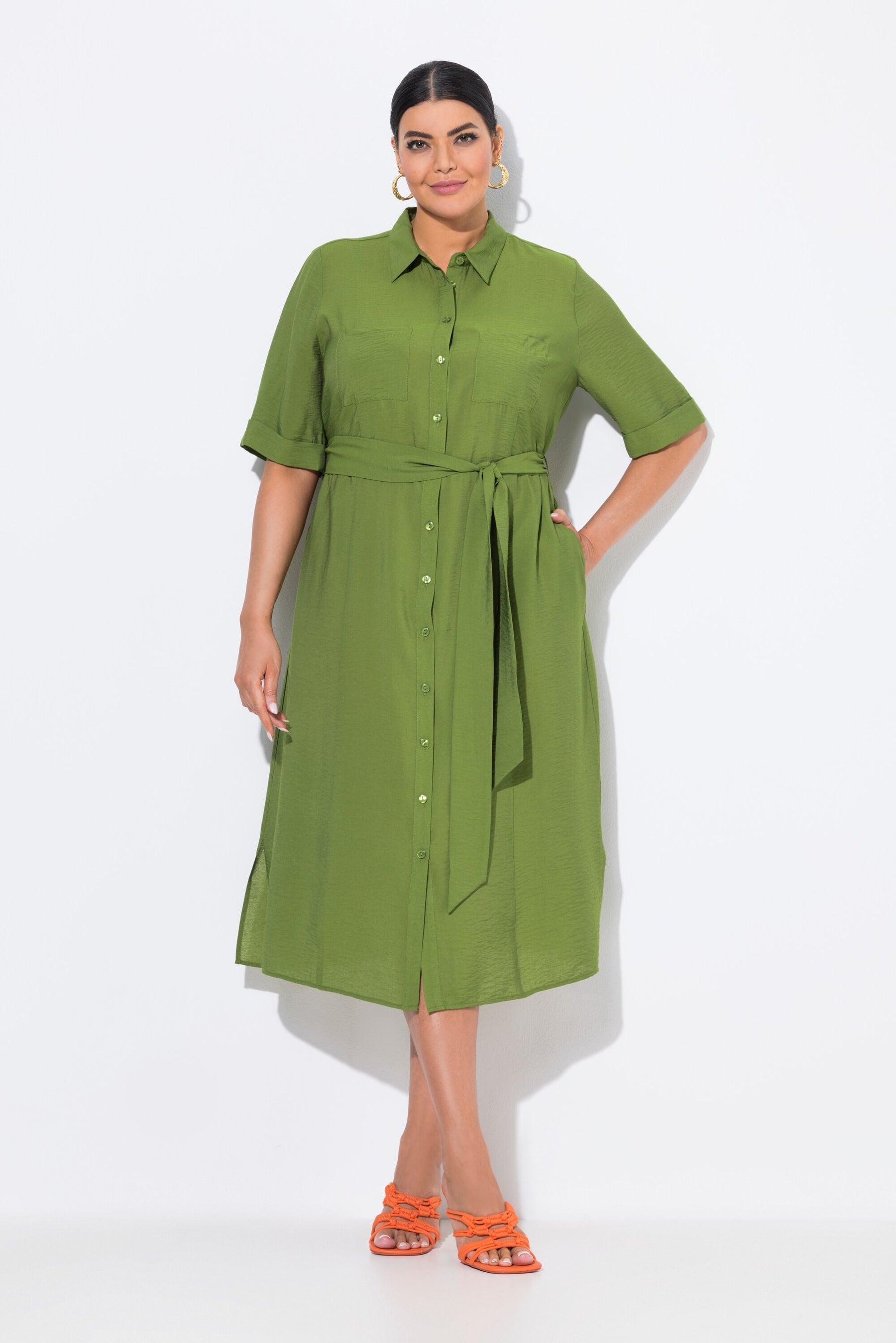 Ulla Popken Button Midi Dress in Green