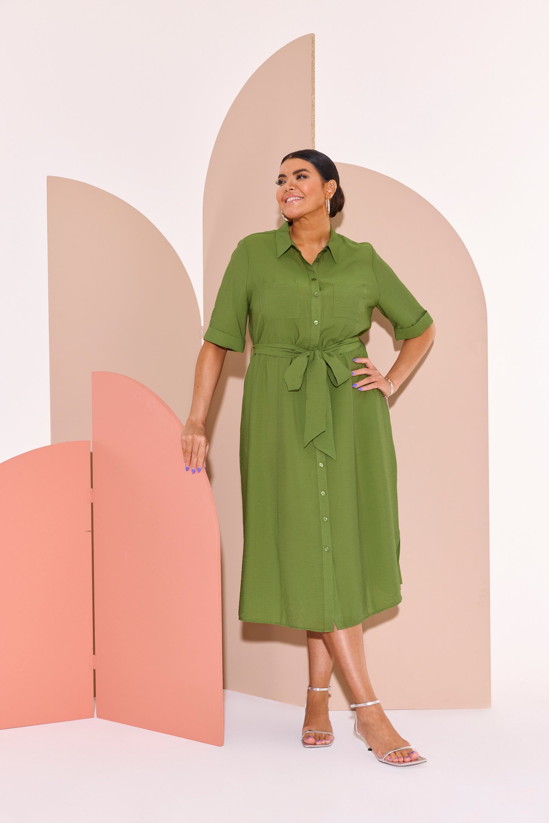 Ulla Popken Button Midi Dress in Green