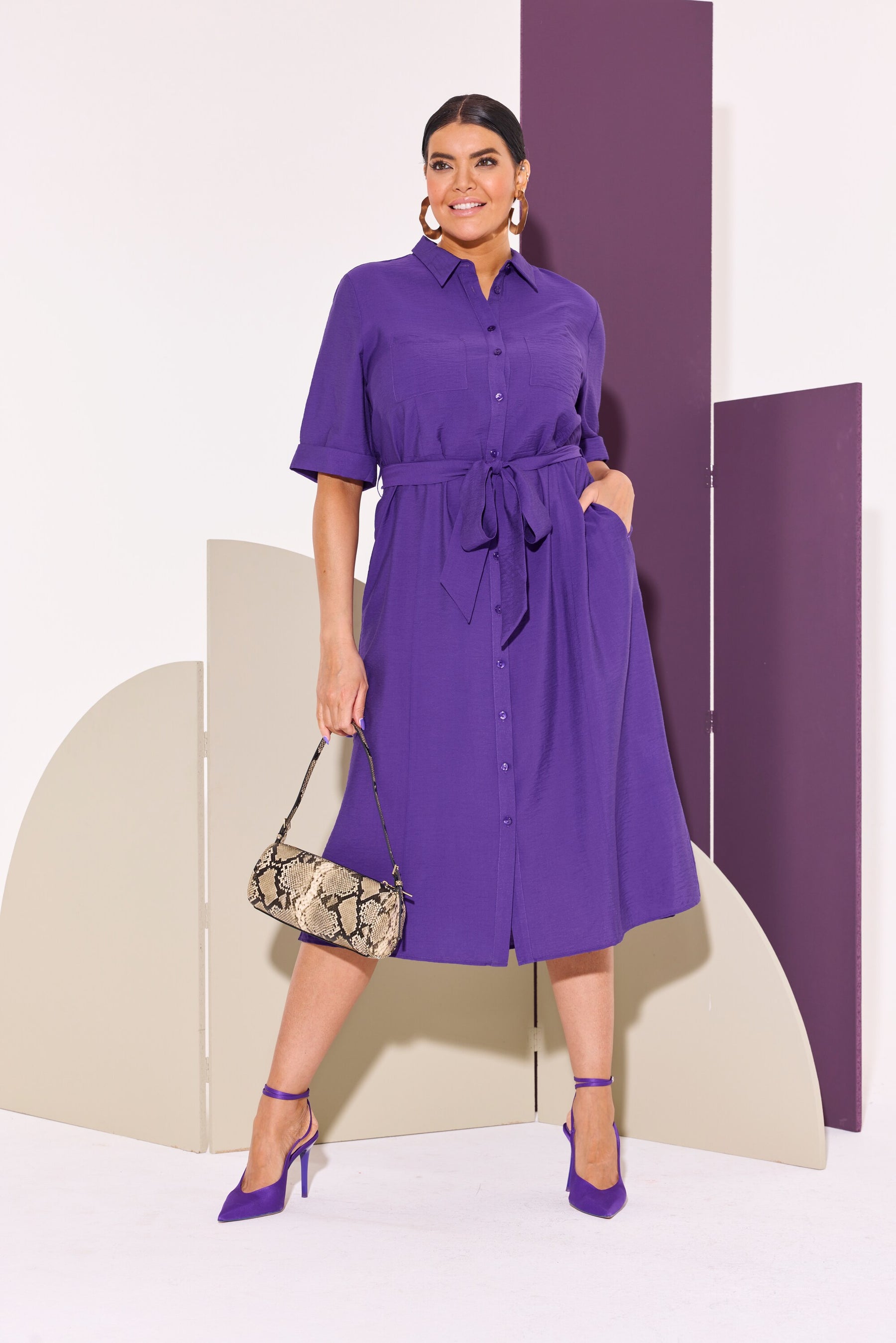 Ulla Popken Button Midi Dress in Purple
