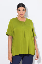 Ulla Popken Button Neck Blouse in Green