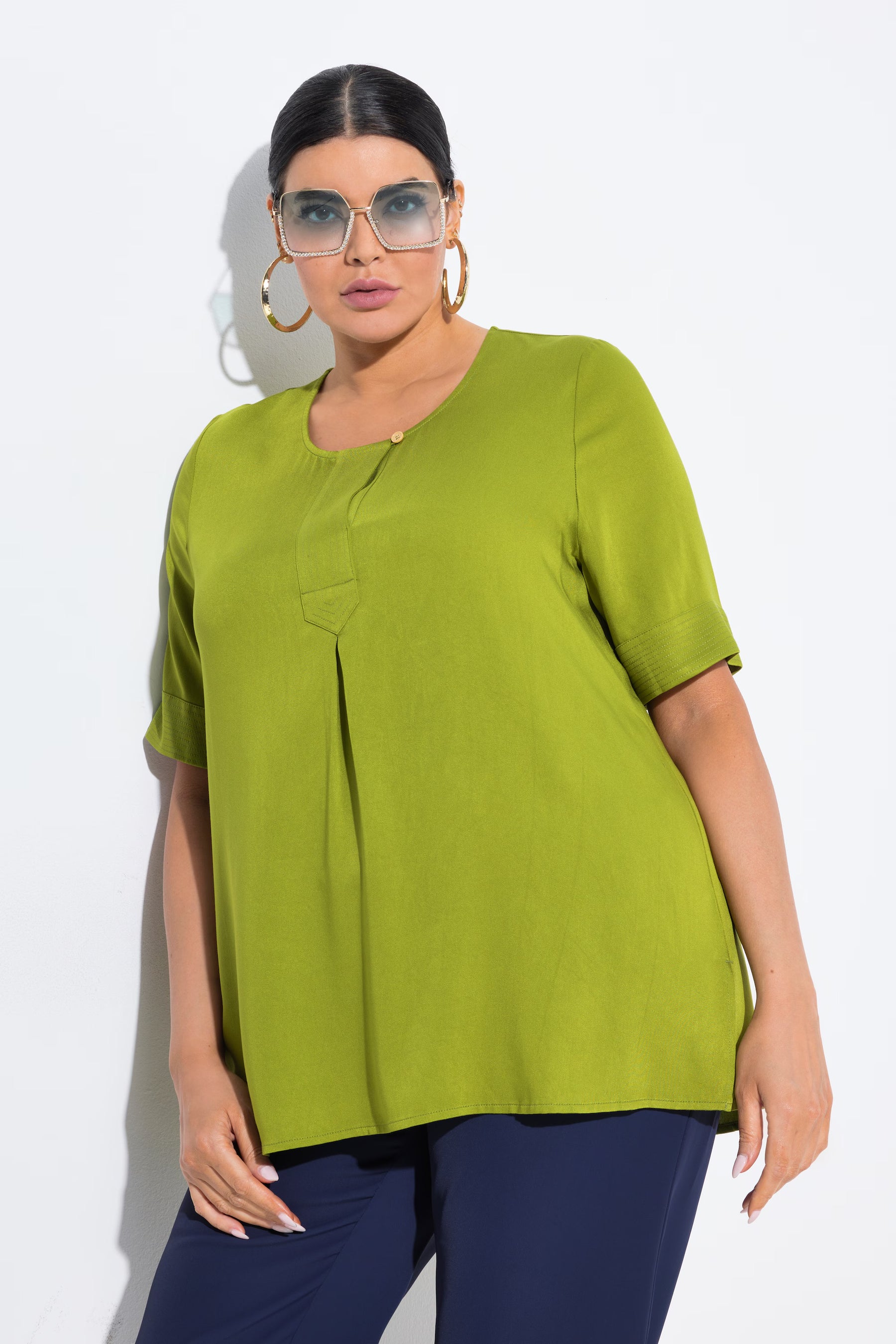Ulla Popken Button Neck Blouse in Green