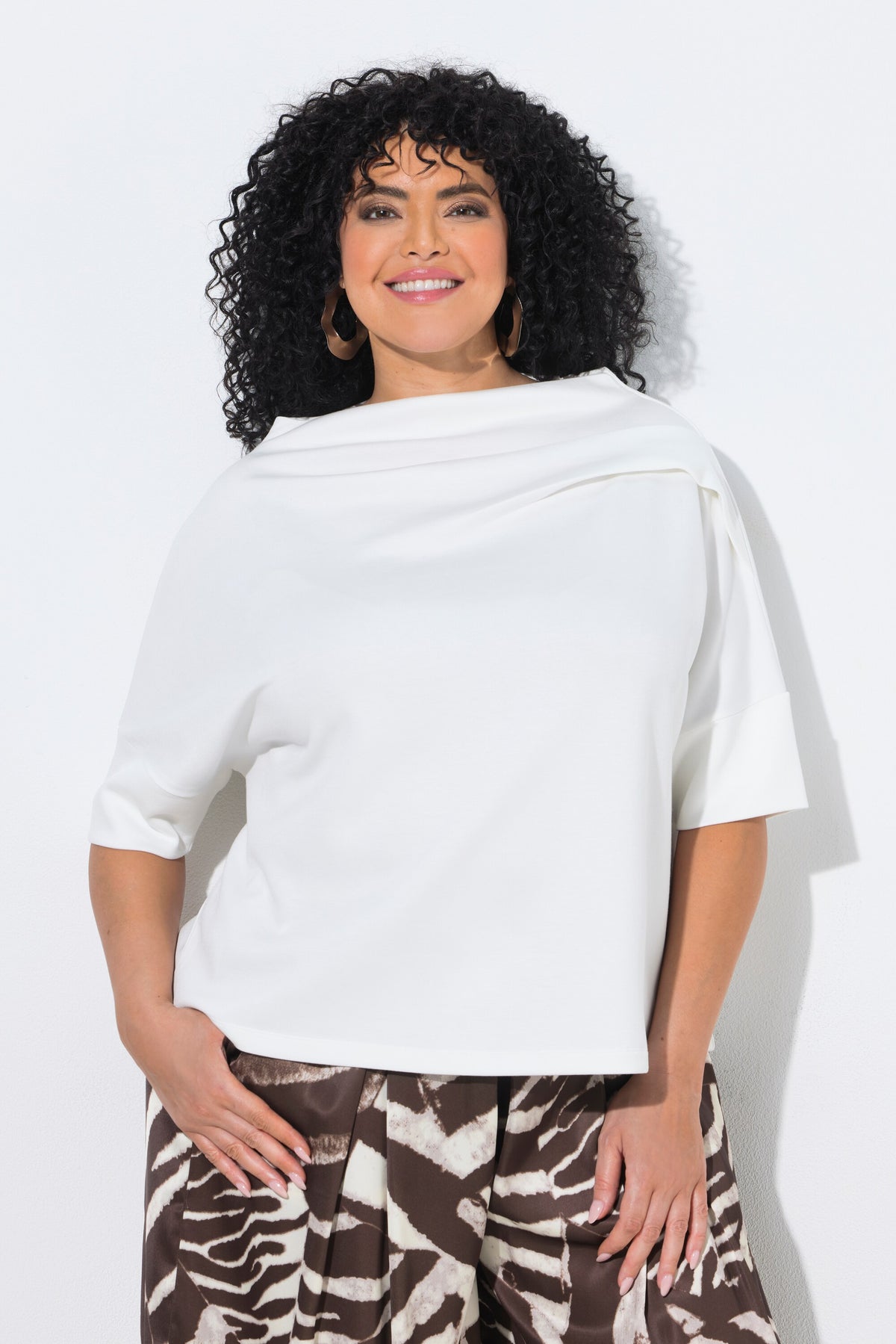 Ulla Popken Draped Shoulder Top in White