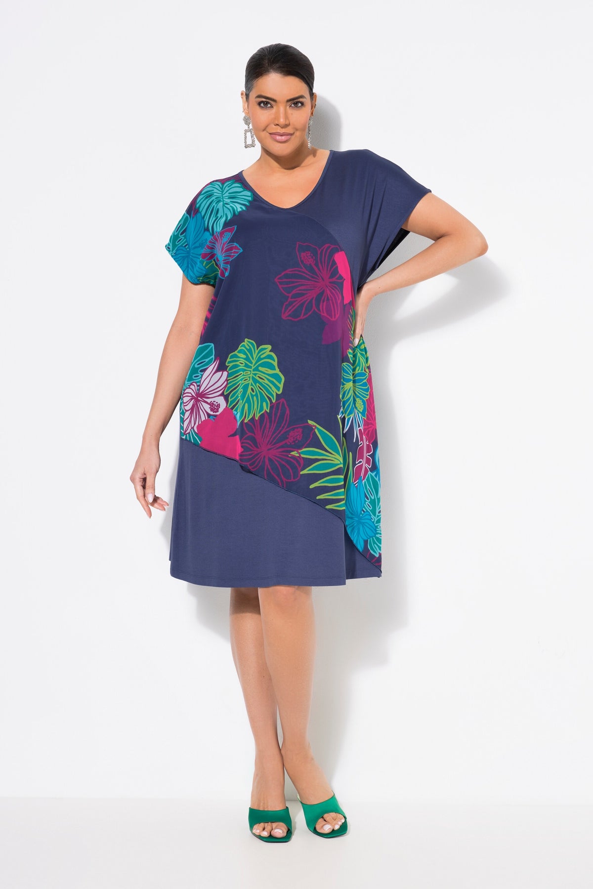 Ulla Popken Floral Chiffon Dress in Navy