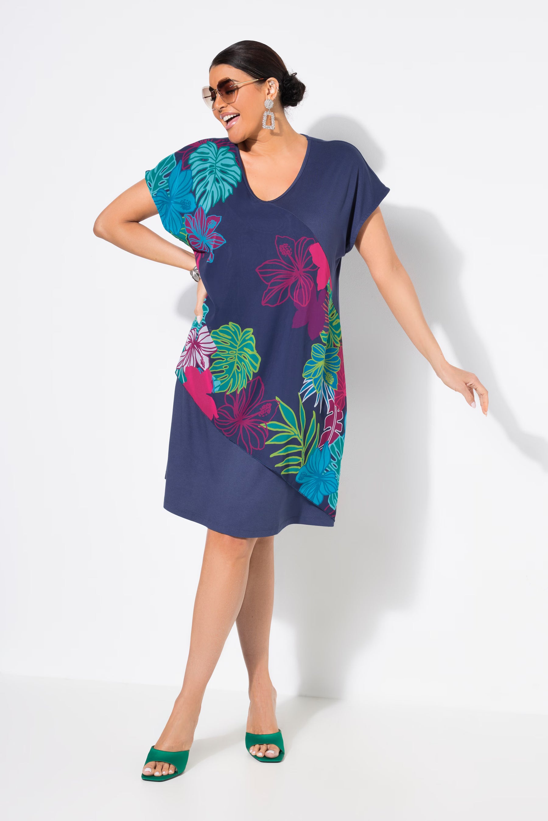 Ulla Popken Floral Chiffon Dress in Navy