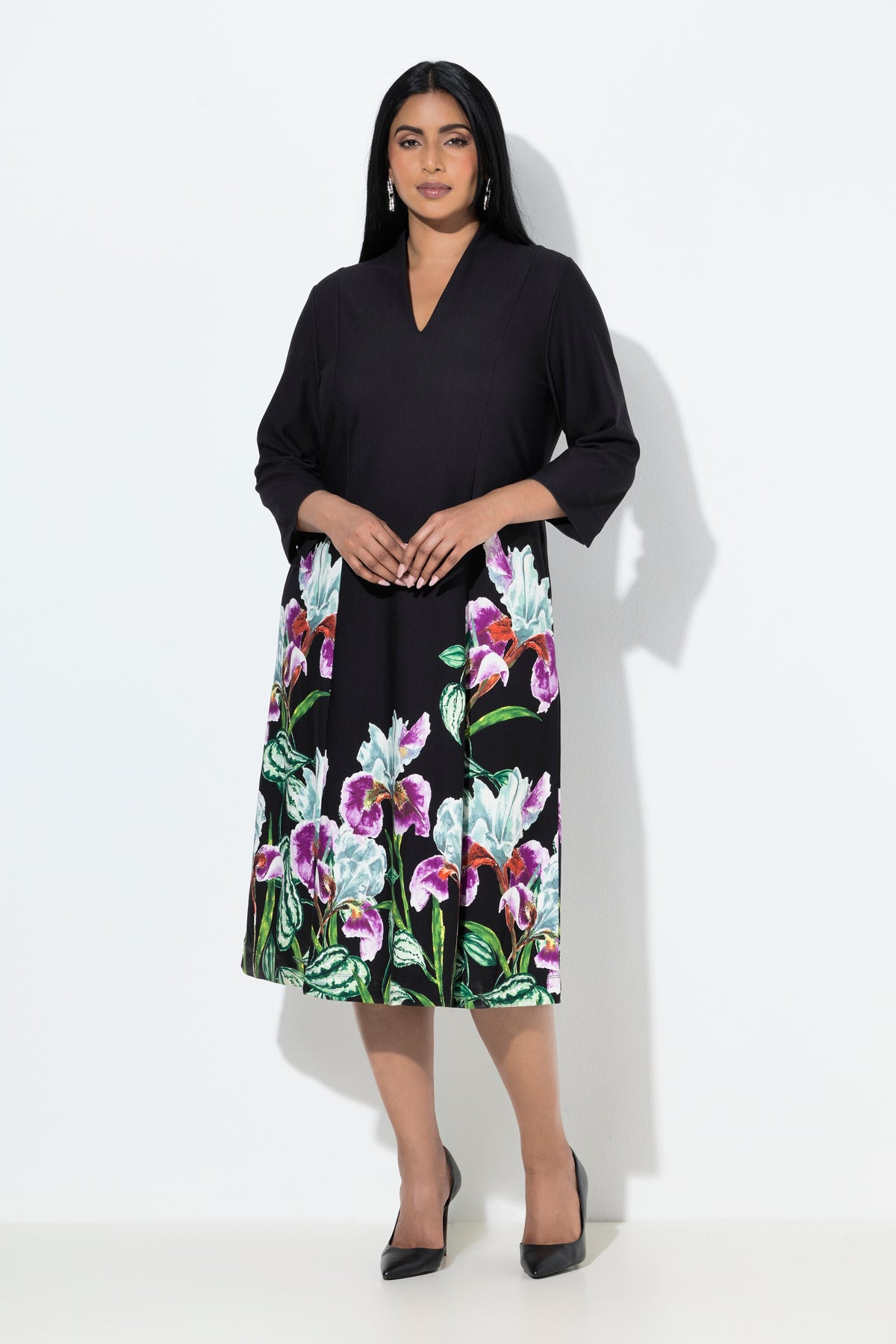 Ulla Popken Floral Midi Dress in Black