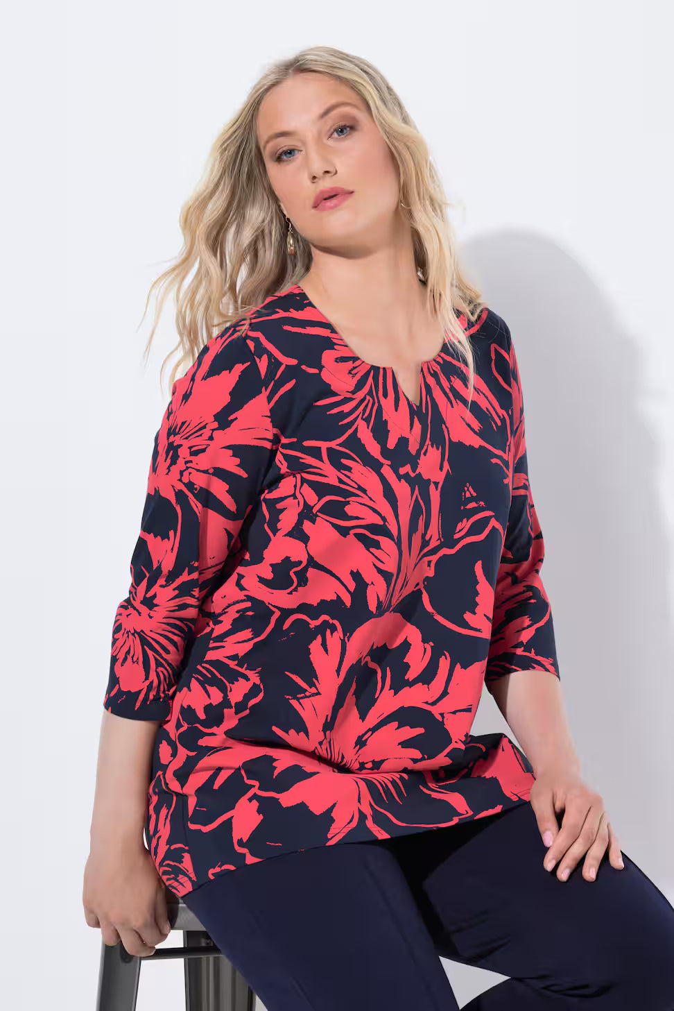 Ulla Popken Floral Print Top in Red