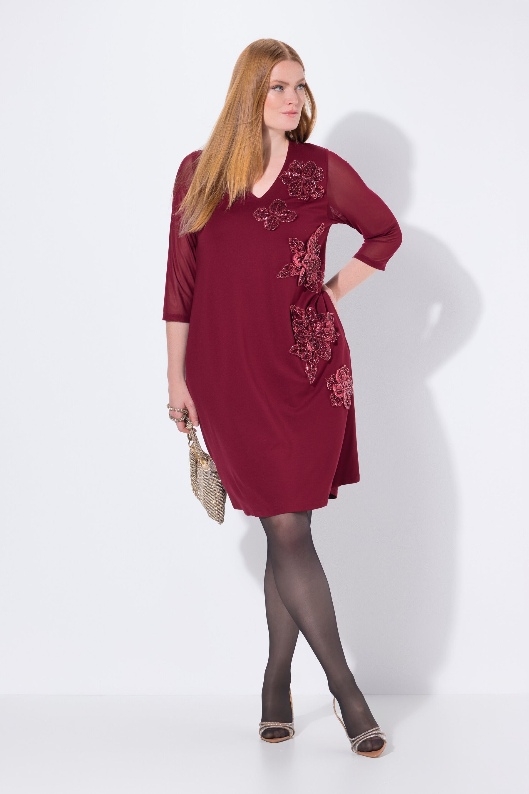 Ulla Popken Floral Sequin Dress in Wine