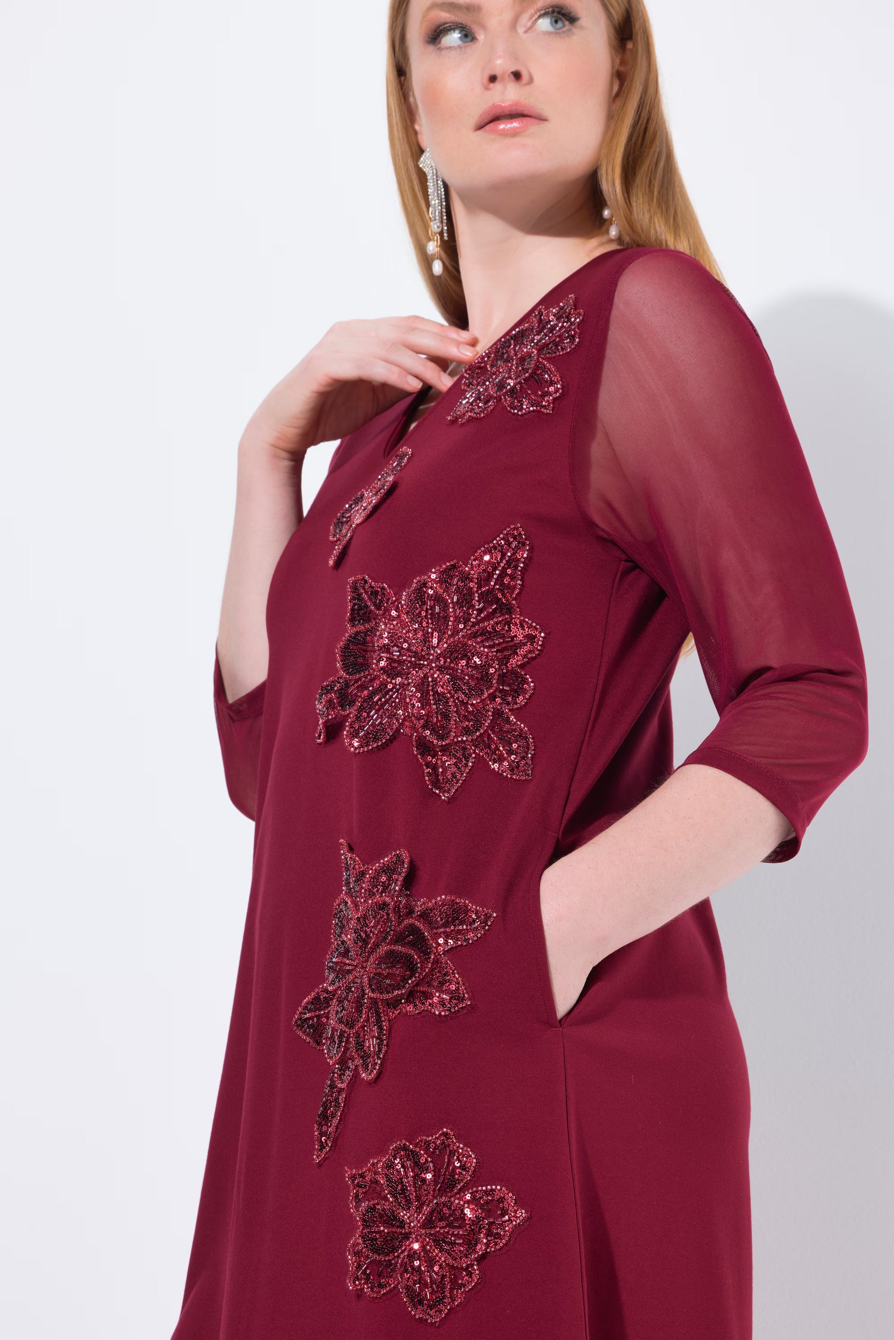 Ulla Popken Floral Sequin Dress in Wine
