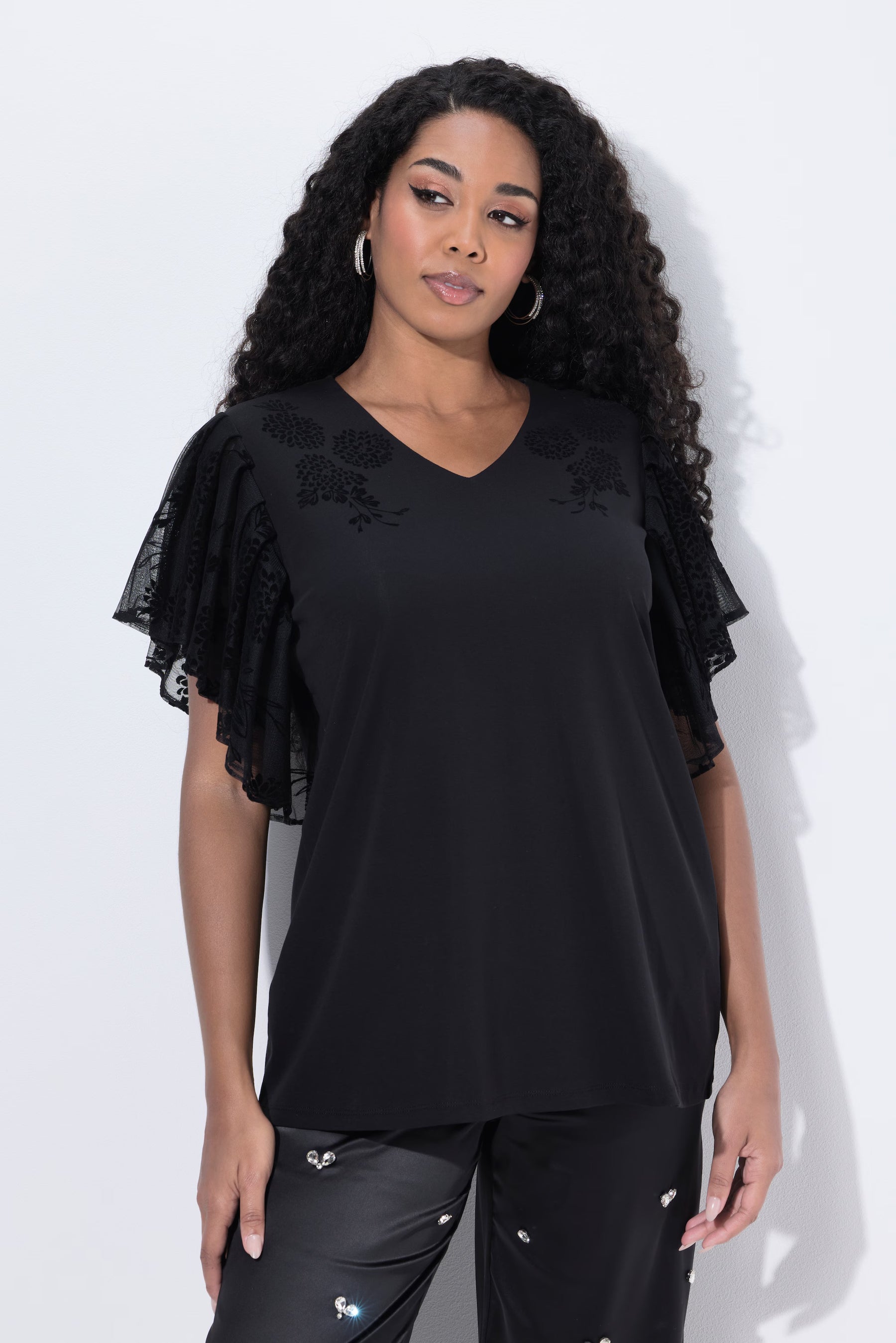 Ulla Popken Floral Sleeve T-shirt in Black