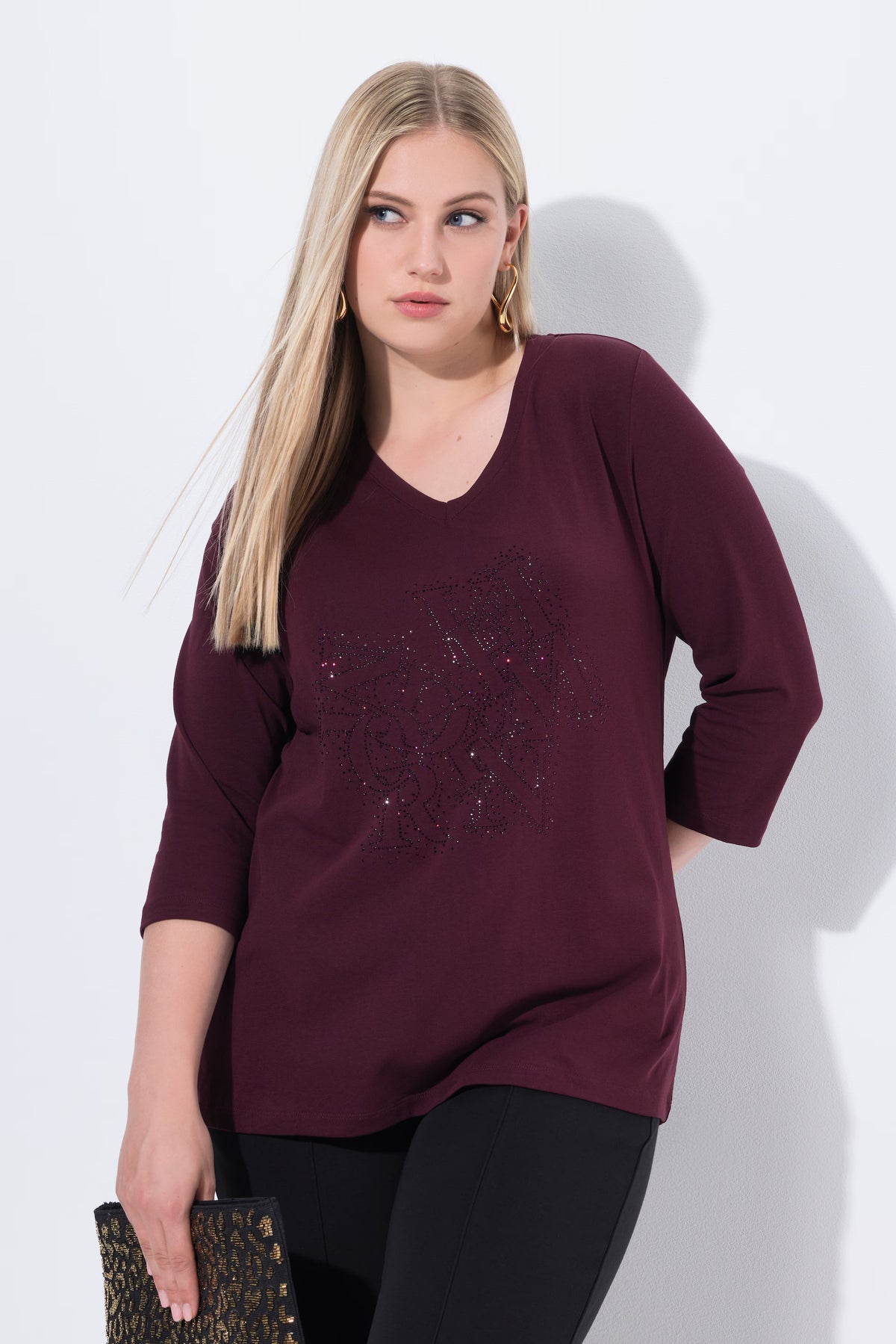 Ulla Popken Glitter Lettering Top in Plum