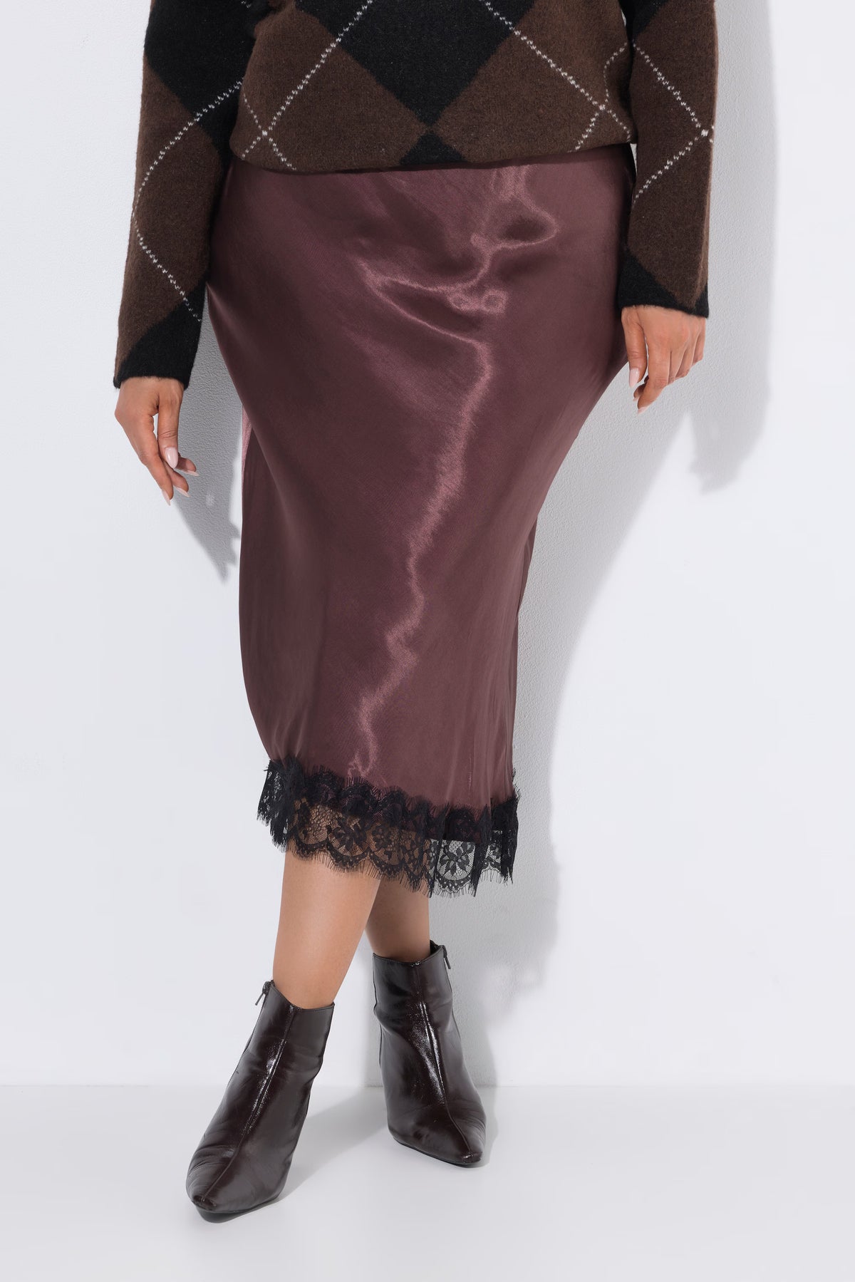 Ulla Popken Lace Trim Skirt in Brown