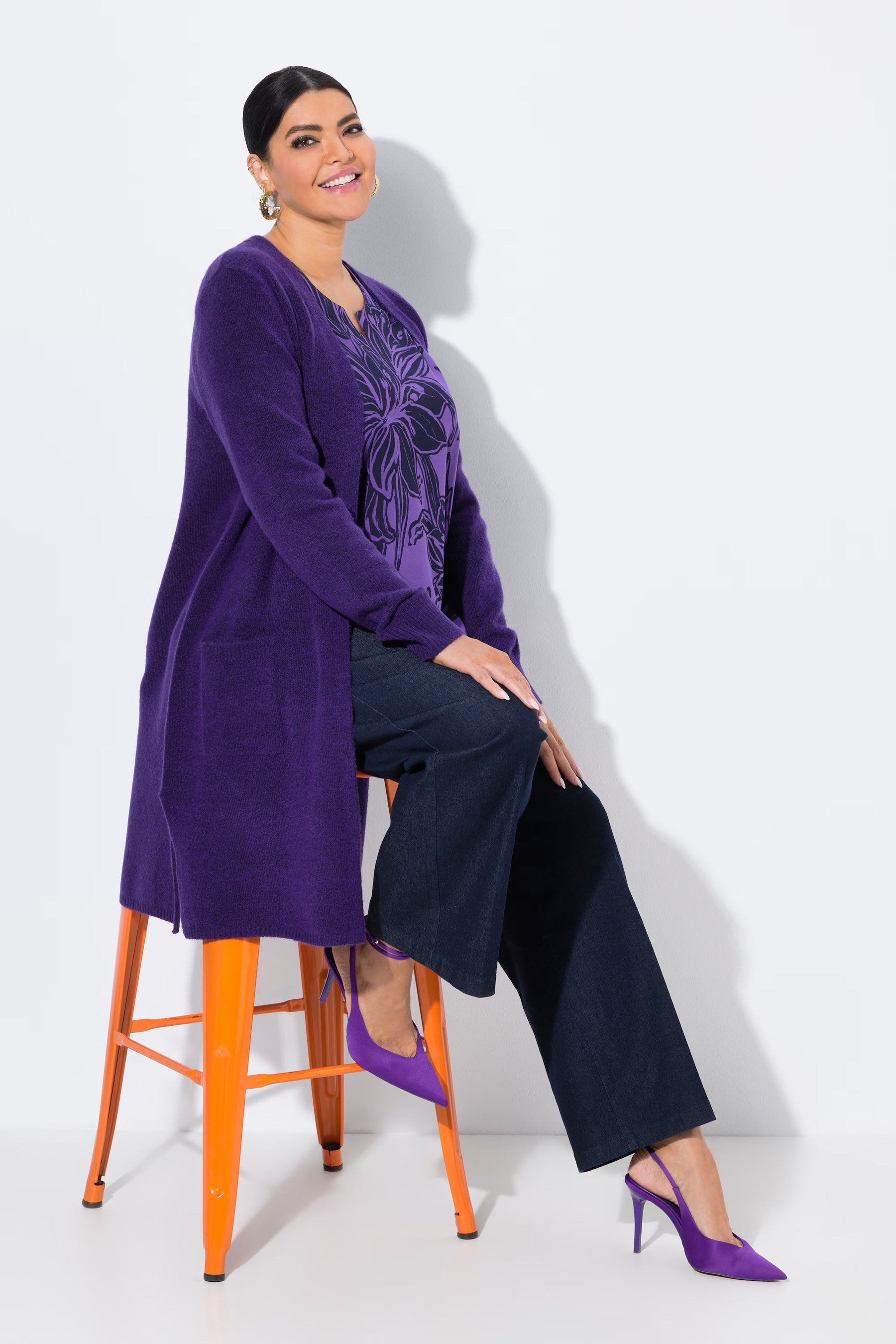Ulla Popken Longline Cardigan in Purple