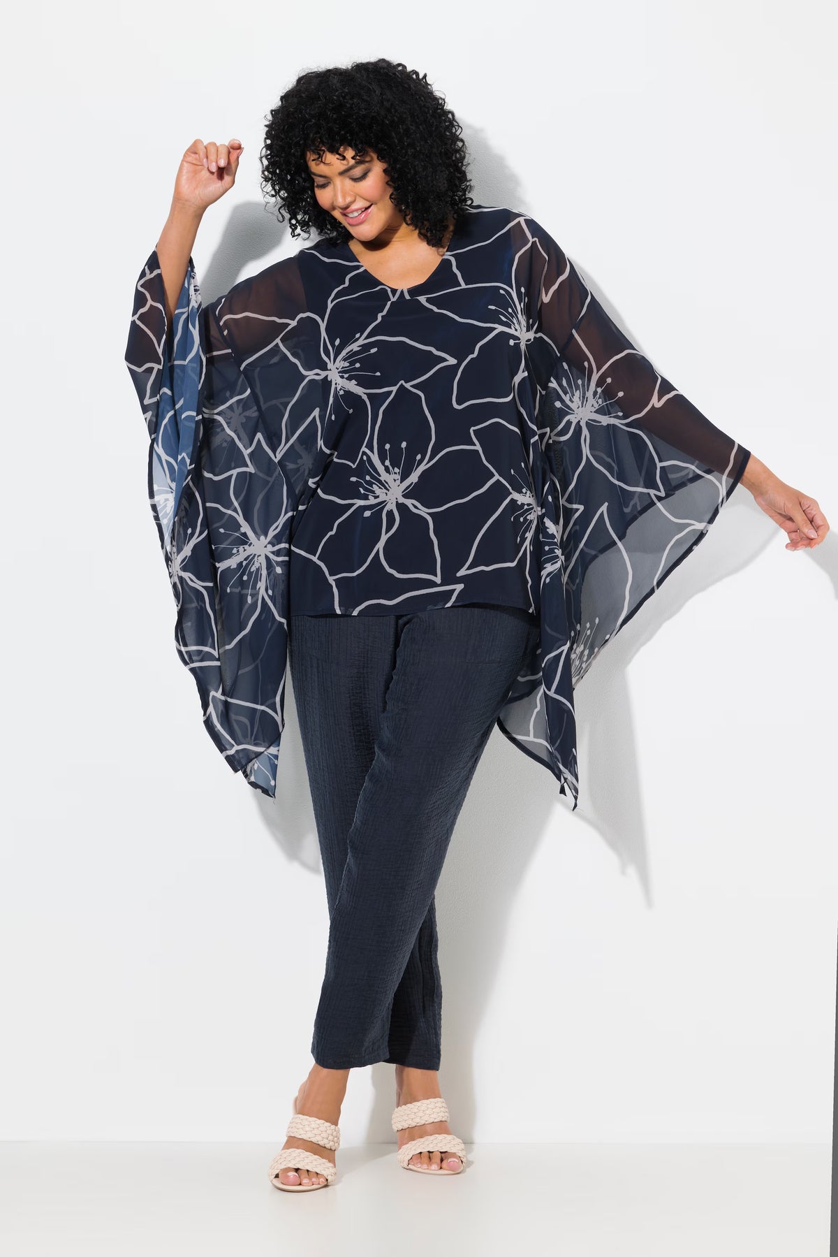 Ulla Popken Navy Floral Chiffon Blouse