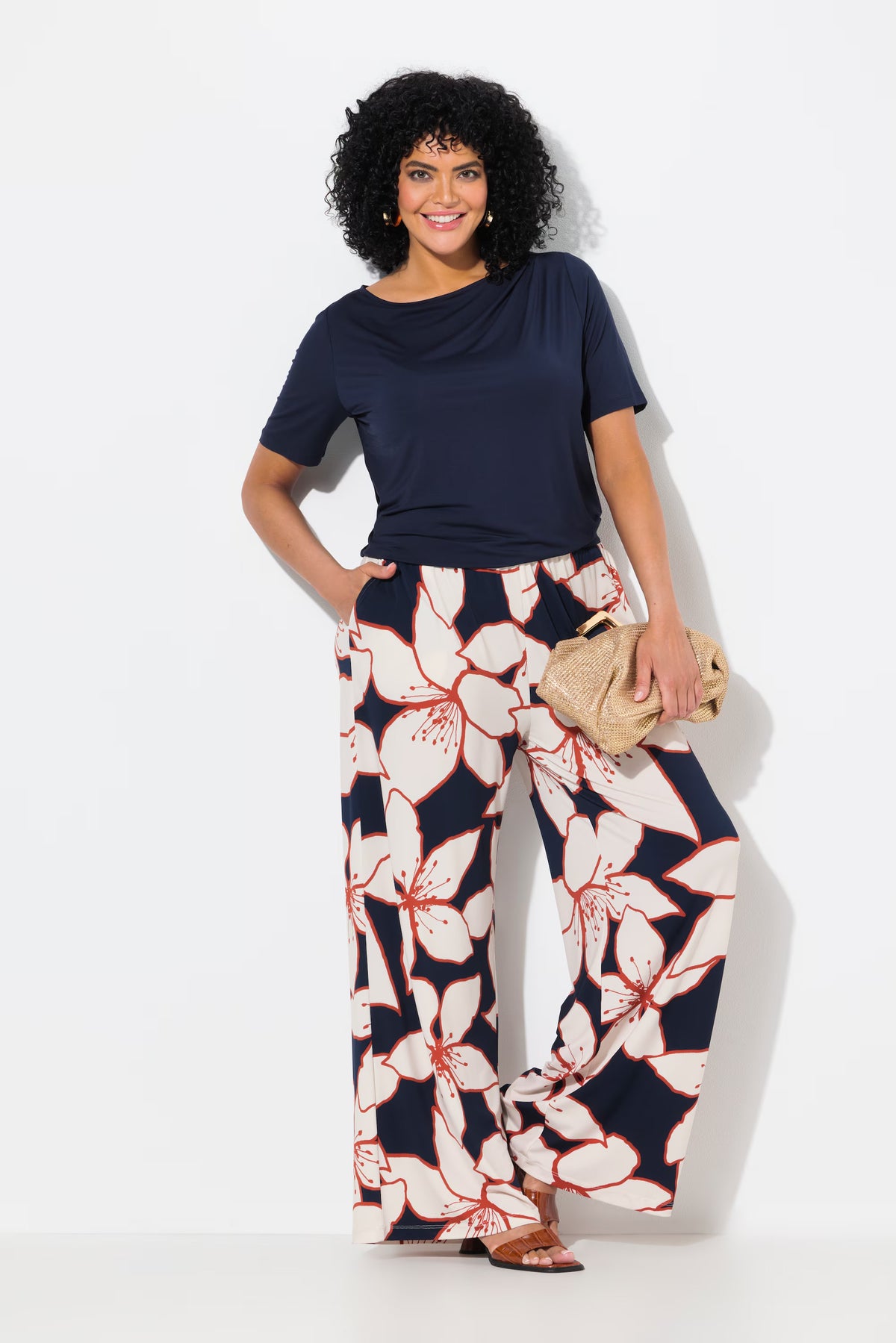 Ulla Popken Navy Floral Wide Leg Trousers