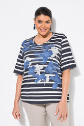 Ulla Popken Navy Striped Floral T-Shirt