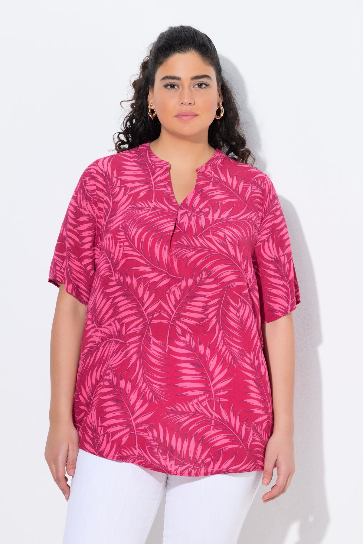 Ulla Popken Palm Leaf Blouse in Fuchsia