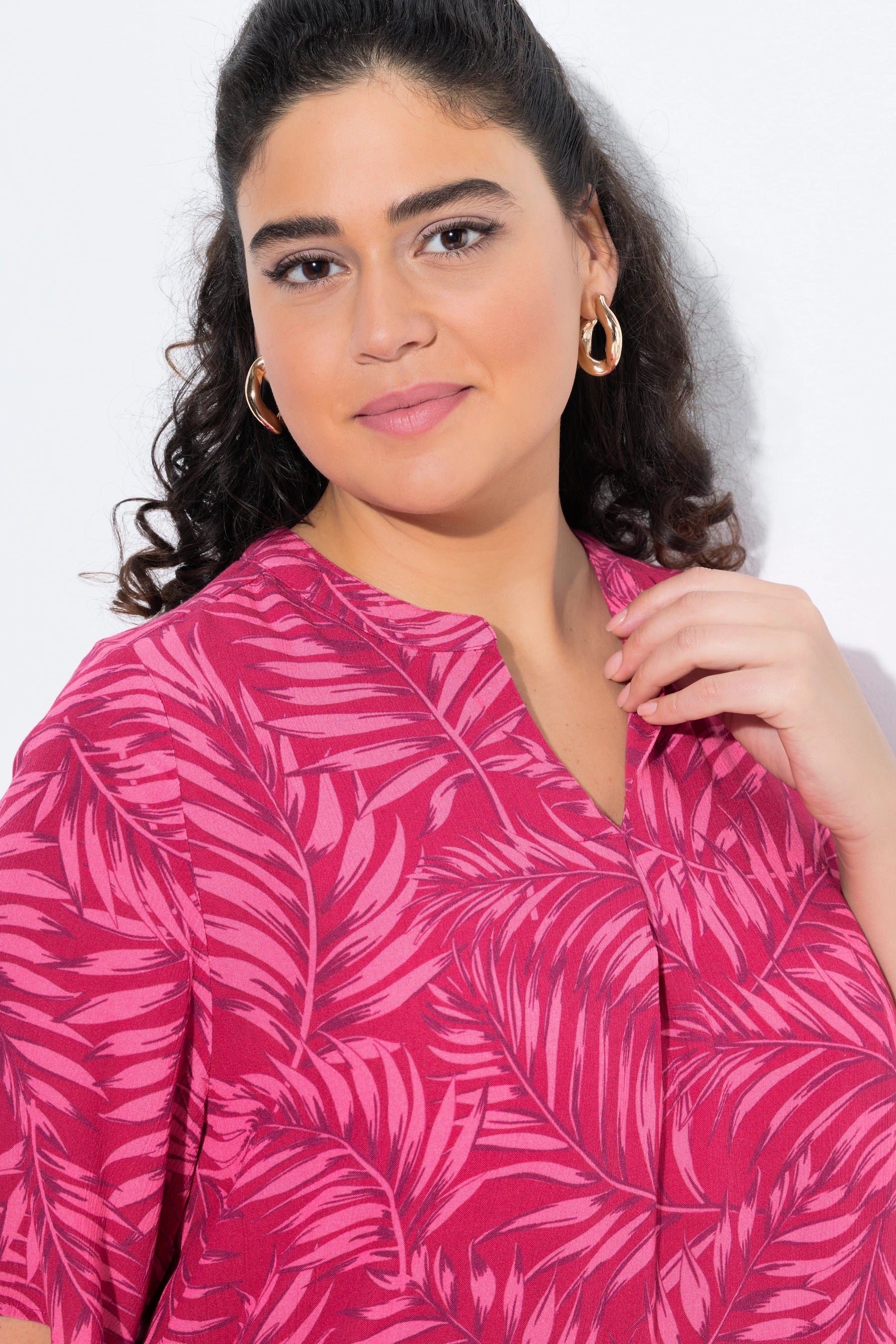 Ulla Popken Palm Leaf Blouse in Fuchsia