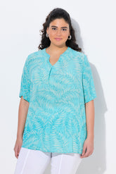 Ulla Popken Palm Leaf Blouse in Turquoise