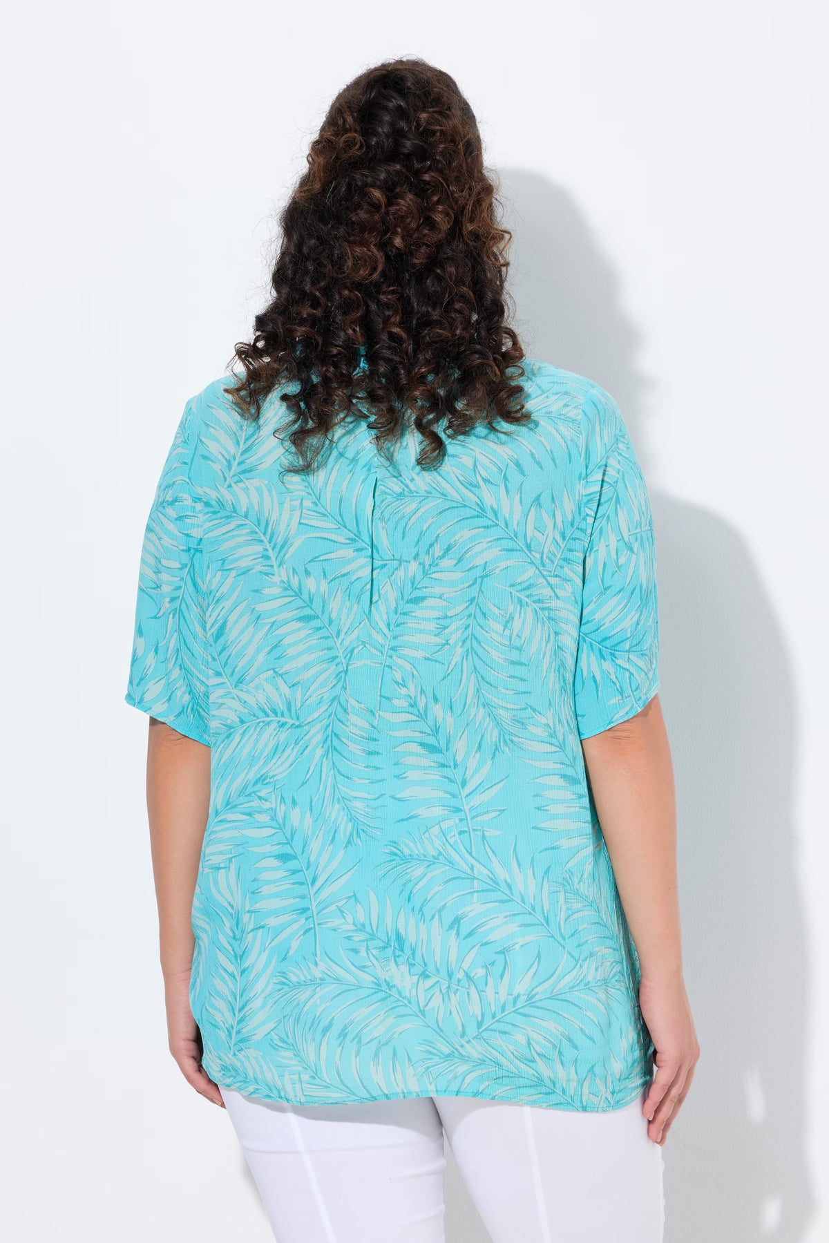 Ulla Popken Palm Leaf Blouse in Turquoise