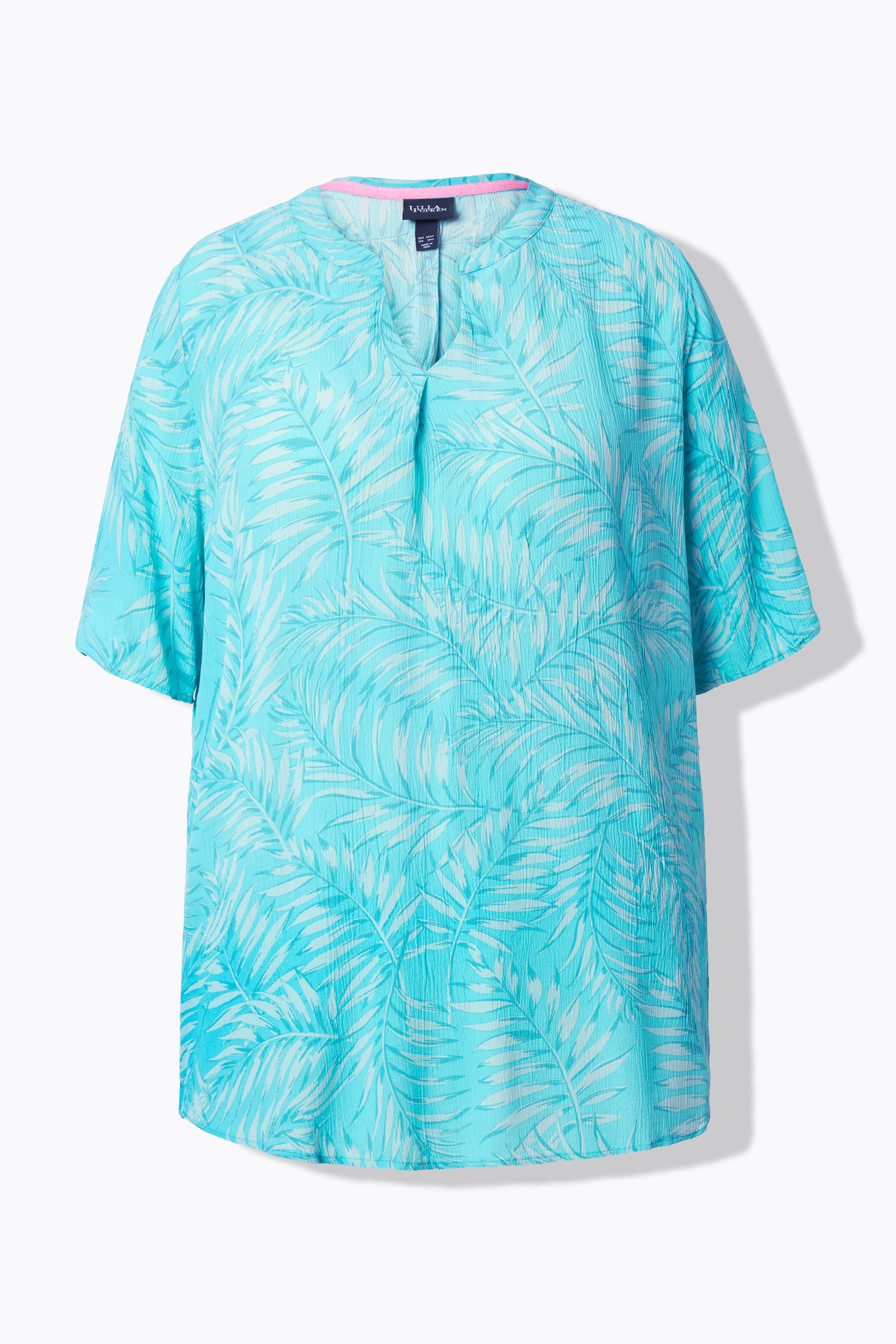 Ulla Popken Palm Leaf Blouse in Turquoise
