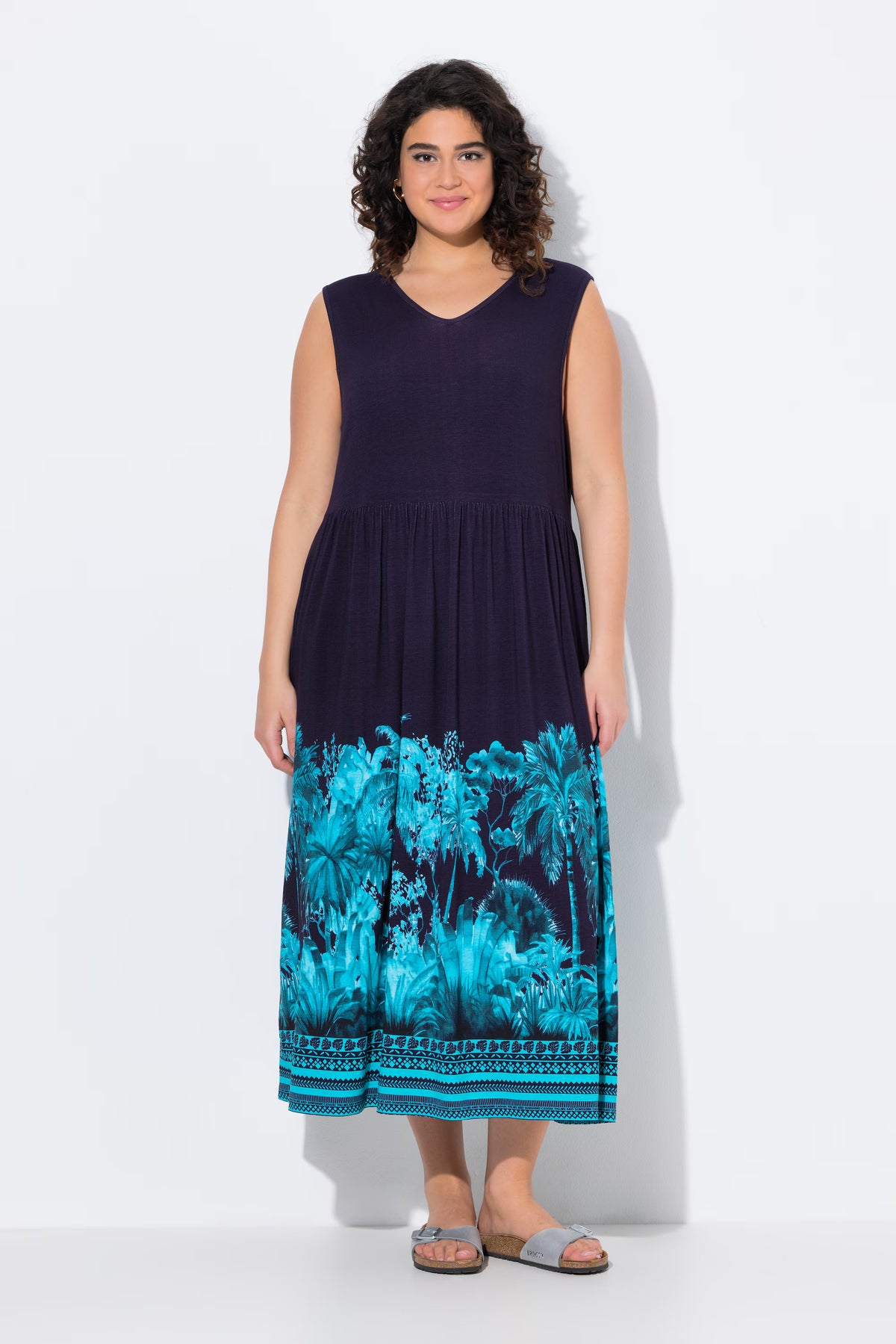 Ulla Popken Palm Print Maxi Dress in Navy
