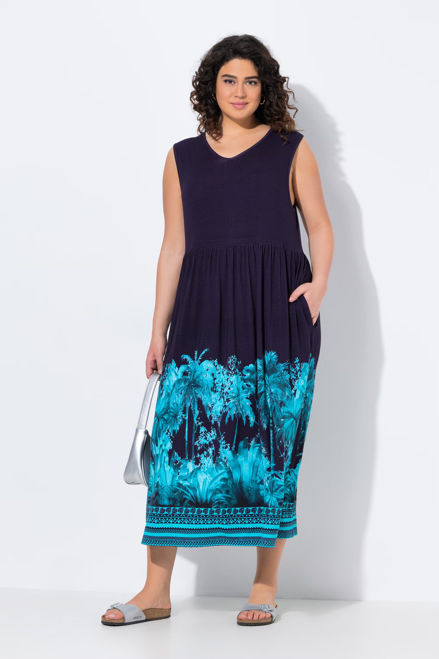 Ulla Popken Palm Print Maxi Dress in Navy