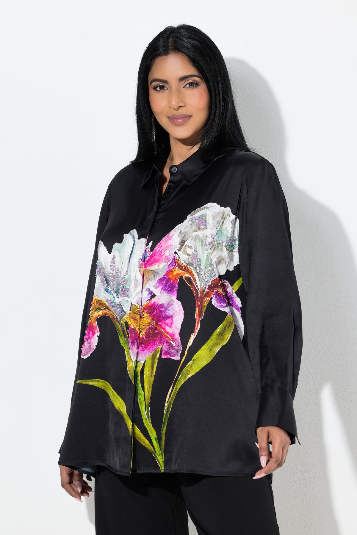 Ulla Popken Satin Floral Shirt in Black