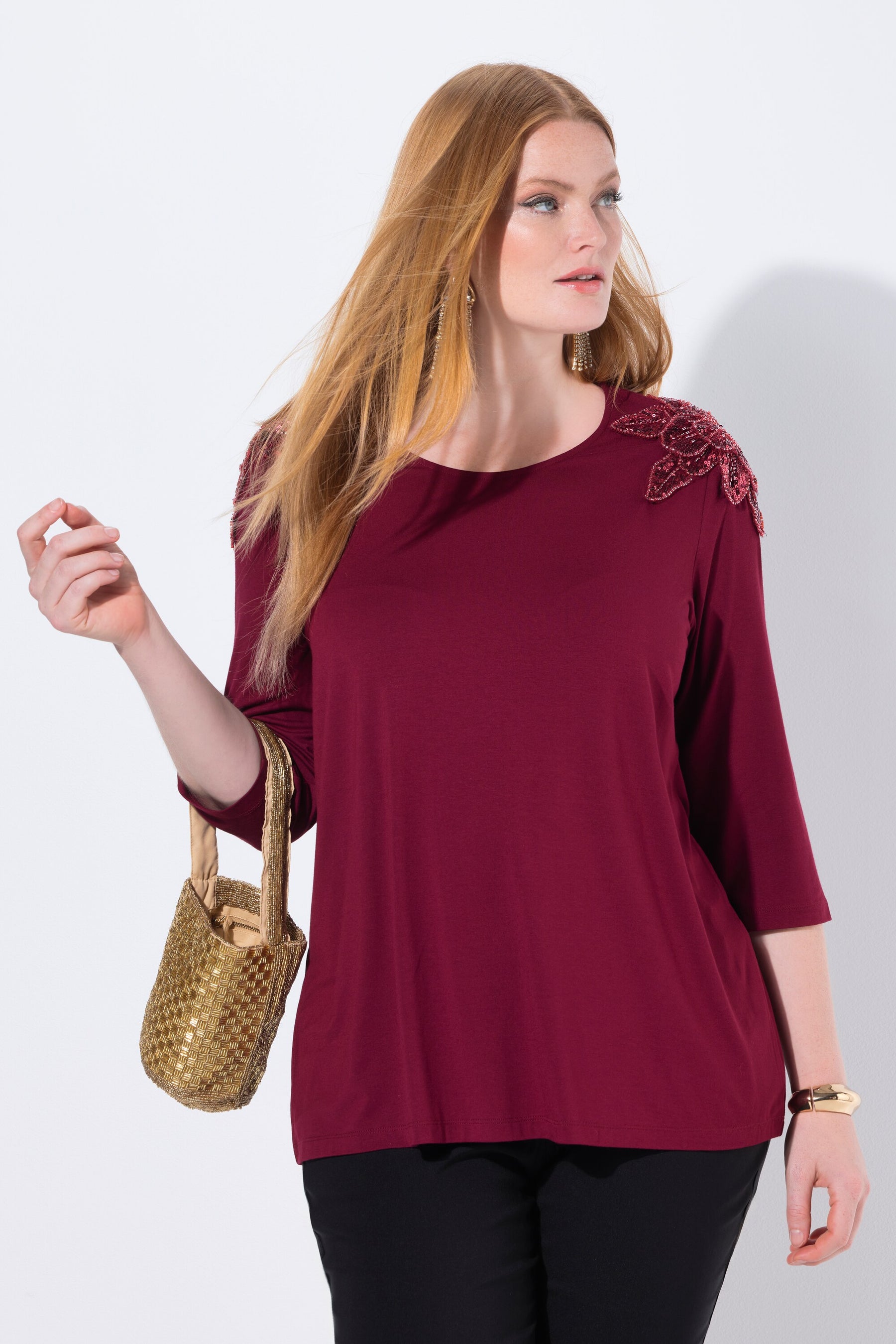 Ulla Popken Sequin Shoulder Top in Wine