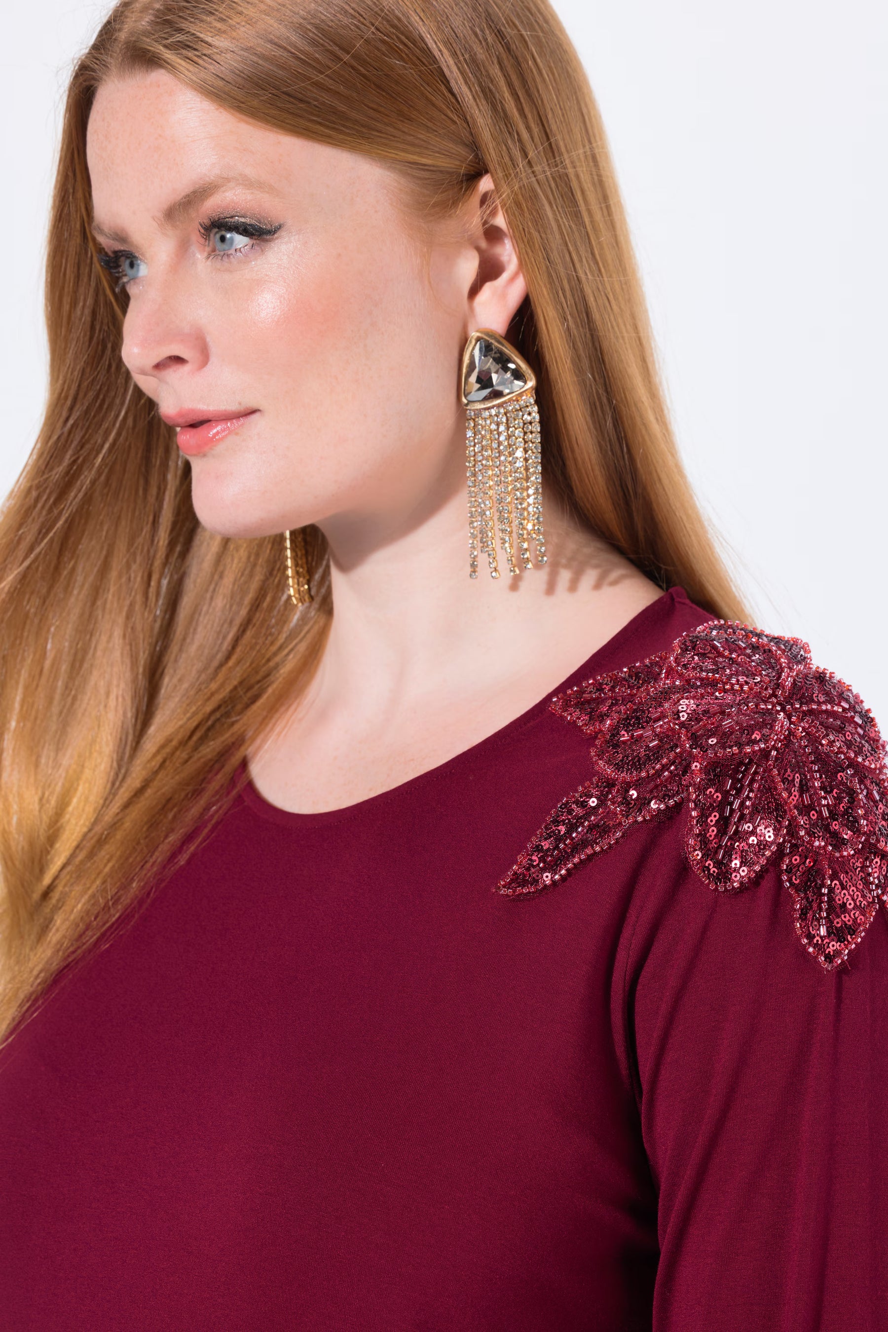 Ulla Popken Sequin Shoulder Top in Wine