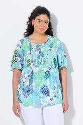 Ulla Popken Smocked Leaf Print Blouse