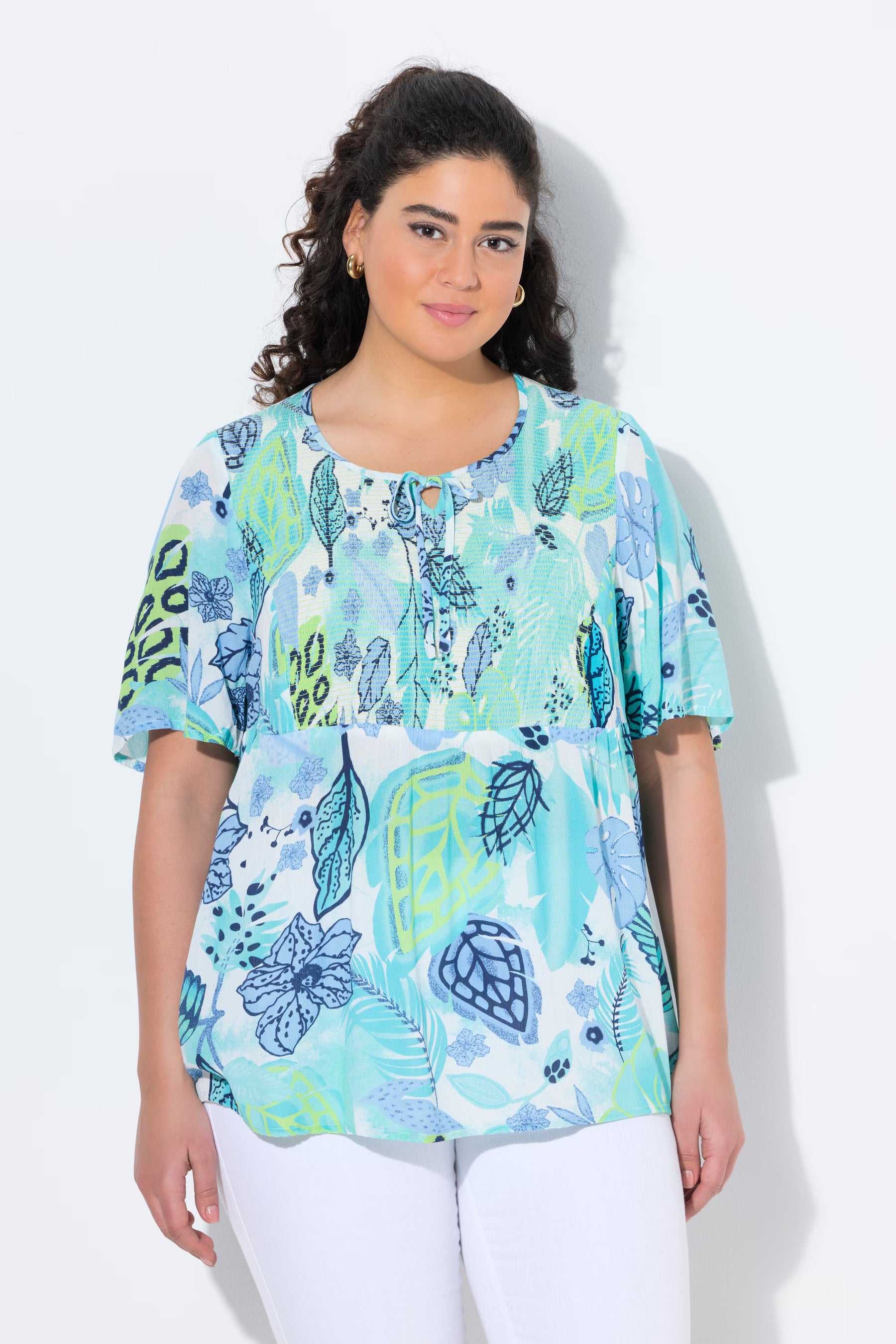 Ulla Popken Smocked Leaf Print Blouse