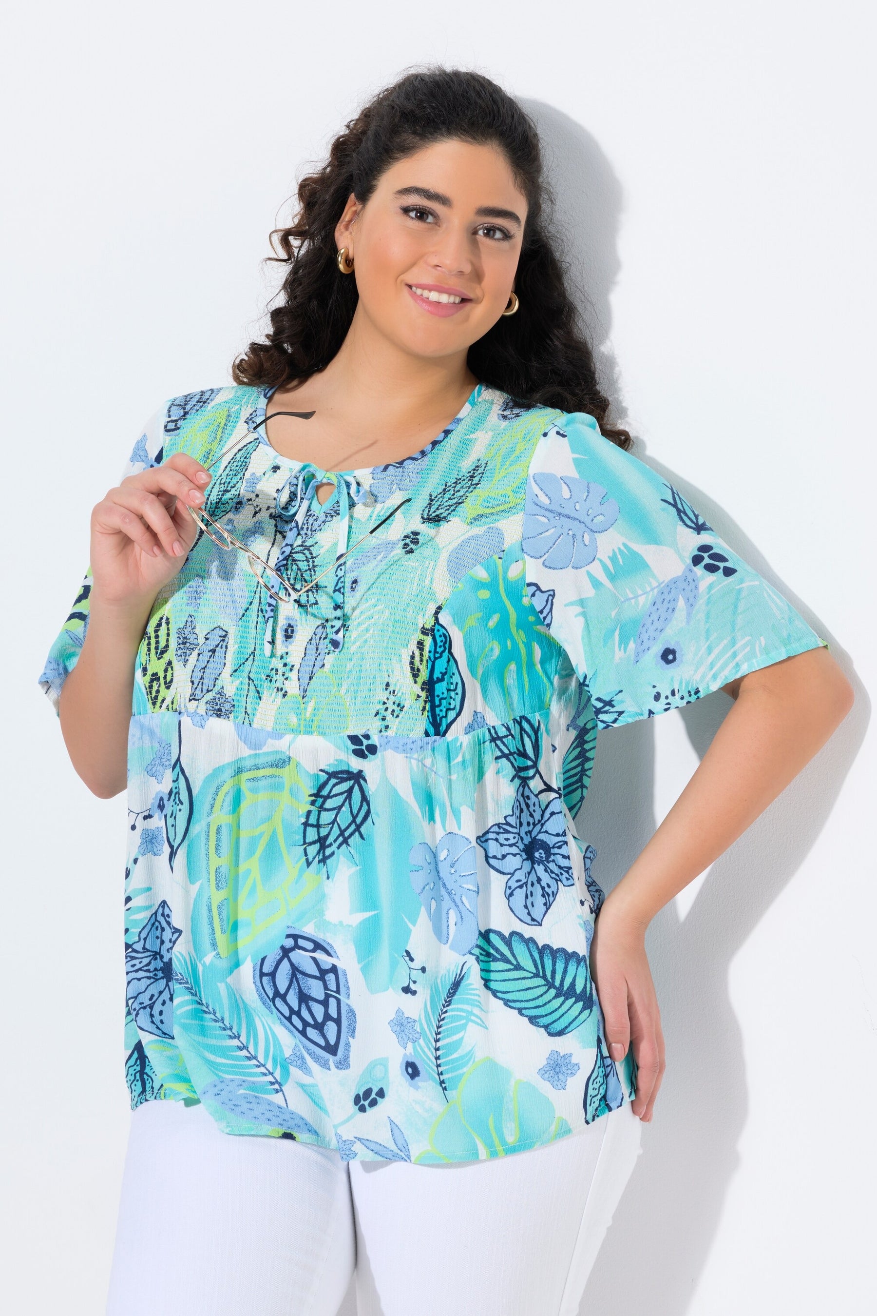 Ulla Popken Smocked Leaf Print Blouse