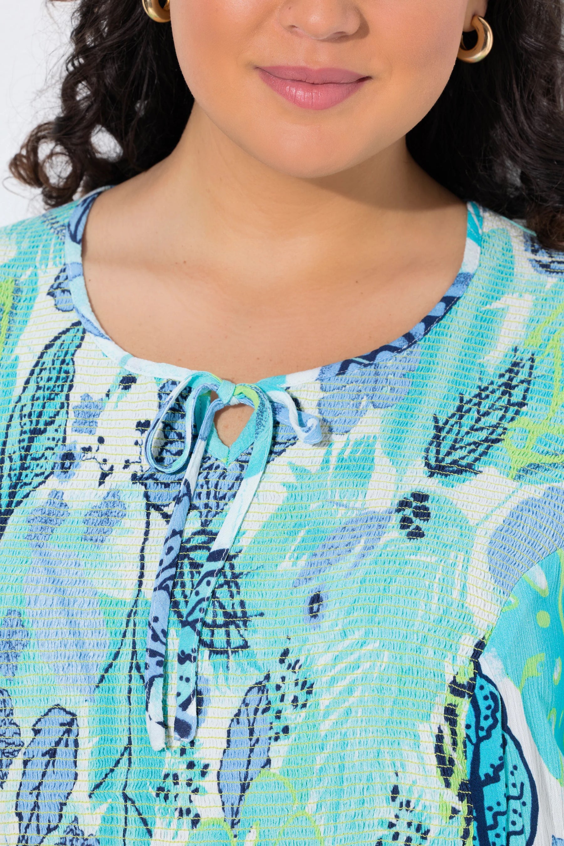 Ulla Popken Smocked Leaf Print Blouse