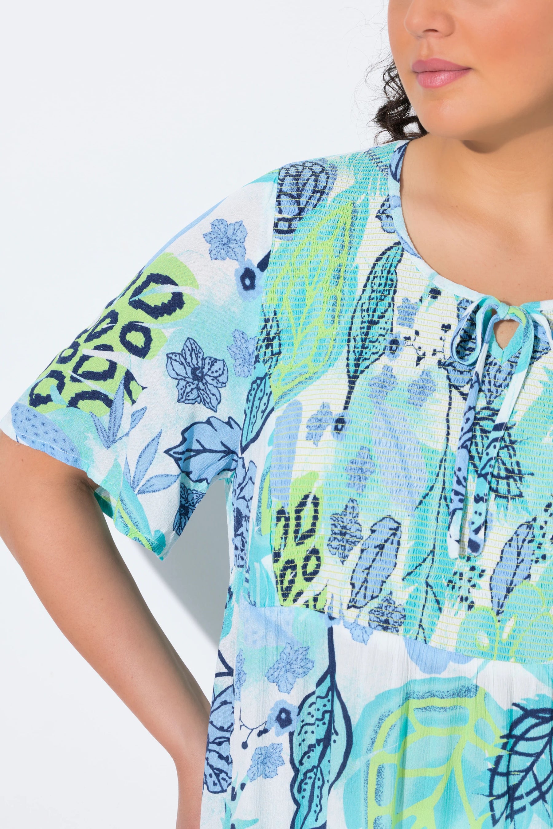 Ulla Popken Smocked Leaf Print Blouse