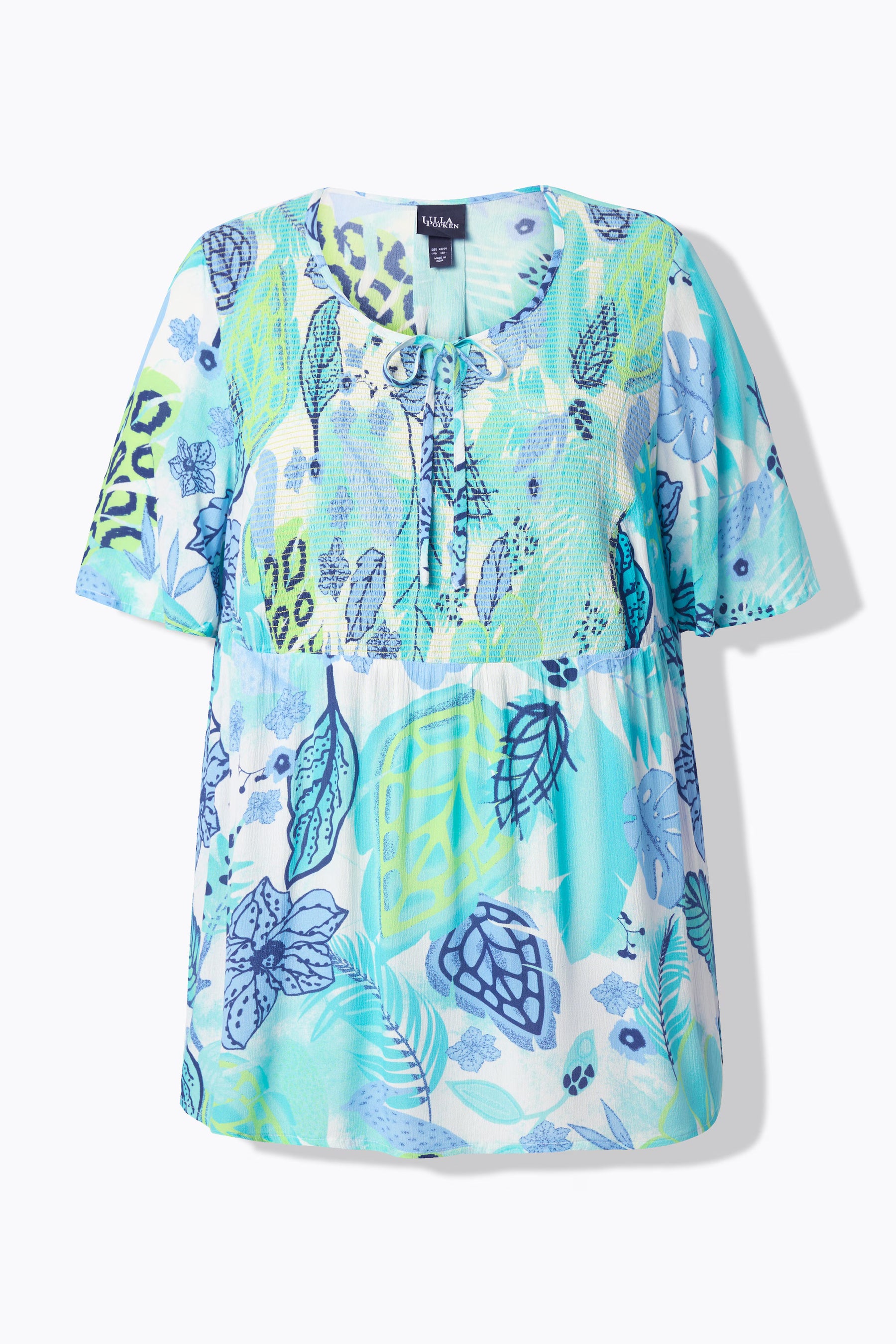 Ulla Popken Smocked Leaf Print Blouse