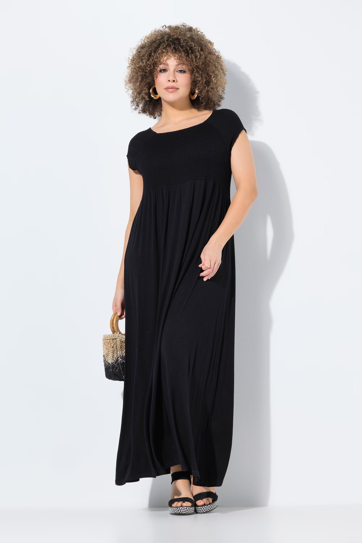 Ulla Popken Smocked Maxi Dress in Black