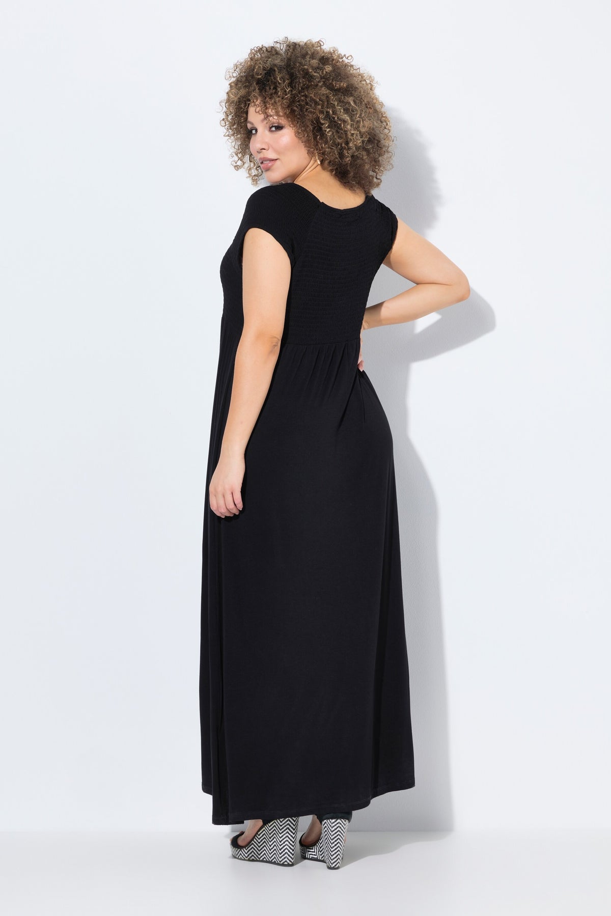Ulla Popken Smocked Maxi Dress in Black