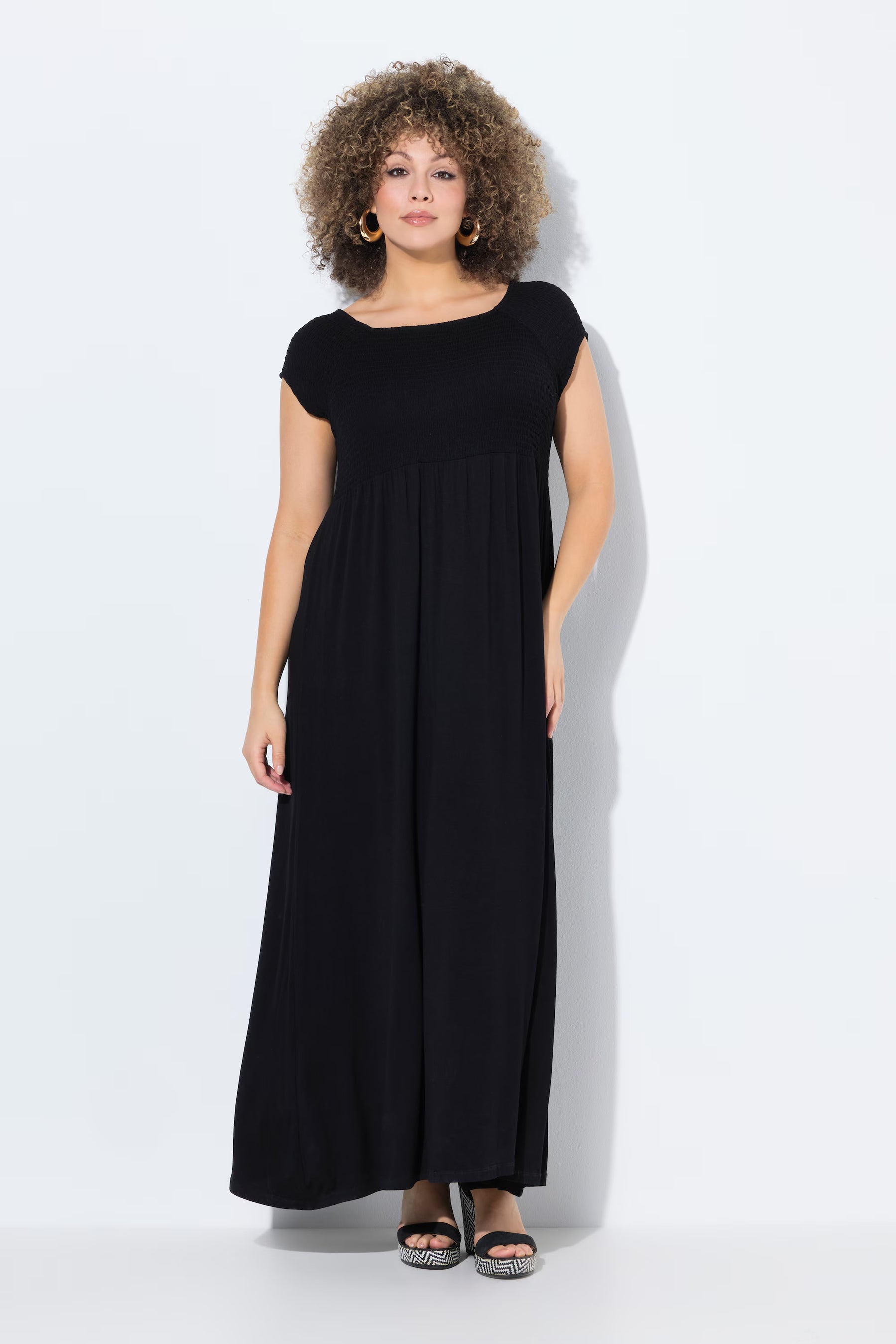 Ulla Popken Smocked Maxi Dress in Black
